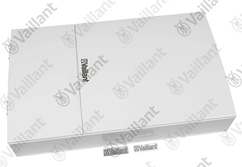 Weiße Verkleidung mit Vaillant-Logo, rechteckige Form, abgedeckt und ohne sichtbare Öffnungen, platziert auf einer neutralen Fläche.